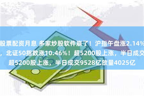 股票配资月息 多家炒股软件崩了！沪指午盘涨2.14%创业板指大涨9.33%，北证50指数涨10.46%！超5200股上涨，半日成交9528亿放量4025亿